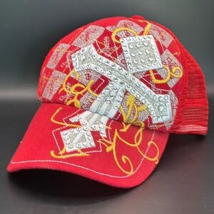 Crystal Cross One Size Red Mesh Snapback Trucker Hat